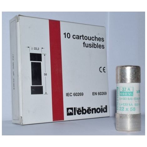 Fusible 32A cartouche 22X58mm aM usage industriel (boite de 10) HPC 80kA 660V avec percuteur EBENOID 060532 (1/2)