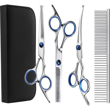 Set de 3 tijeras profesionales y 1 peine para recortar animales, acero inoxidable, kit de cuero negro (1/5)