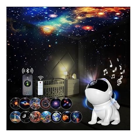 Projecteur galaxie, Projecteur Ciel Etoile, Planetarium Projecteur avec 12 Disques, 15 Bruits Blancs, Haut-parleur Bluetooth, Télécommande, Minuterie, Base magnétique (1/5)