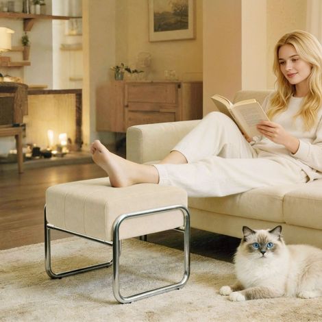 Taburete reposapiés tapizado chenilla beige OKMYHOME (1/4)