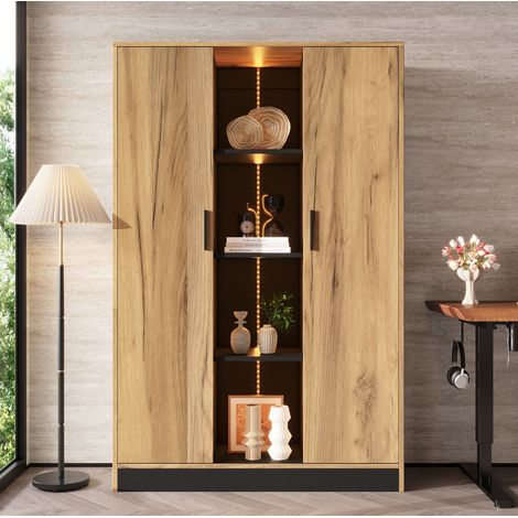 Vitrine de rangement LED 95 x 35 x 160 cm, décor chêne noir, 2 portes - CHICFURN (1/5)