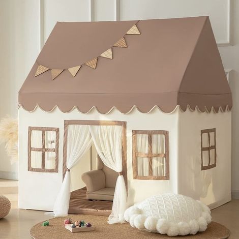 Kleines Bodenspielzelt mit Kissen und LED-Beleuchtung, Kinderzelt, Spielhaus, Indoor-Bettzelt für Kleinkinder, Spielzimmermöbel in neutralen Farben (1/4)