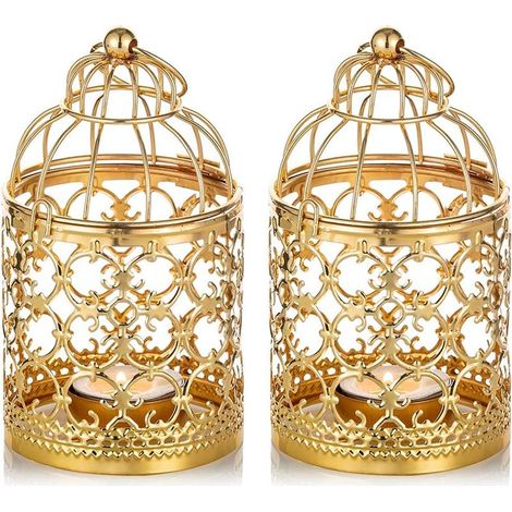 2 Pièces Petite Lanterne Cage Oiseaux Suspendue Photophore Métal, Lanternes Dorées pour Bougies Centres Table Vintage Mariage Fête Porte-Lumière Chauffe-Plat Décorations Bougeoirs Noël (1/4)