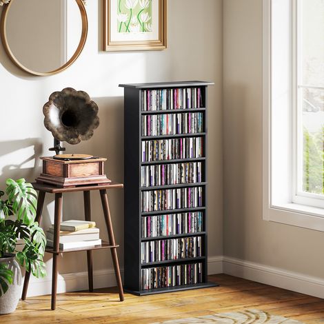 Rangements pour CD et DVD avec 8 compartiments et 6 étagères réglables, capacité max. 360 CD/185 DVD et Blu-ray, noir