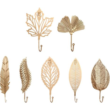 de 7 crochets muraux en fer doré en forme de feuille