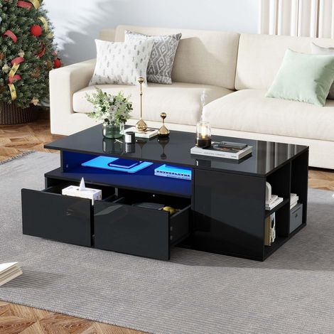 Table basse LED noire 100 x 50 x 35 cm avec 2 tiroirs, meuble salon avec rangements multiples, éclairage RGB USB, finition brillante (1/5)