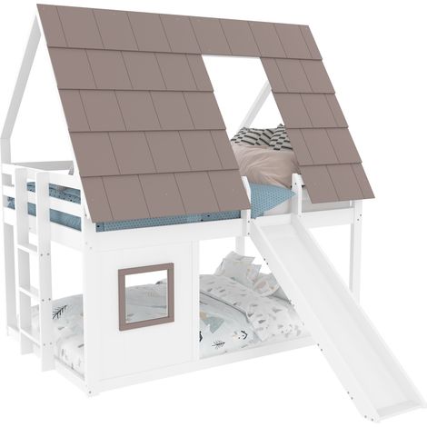 Lit superposé cabane 140x200 cm en pin massif et MDF blanc/marron avec toit, échelle et toboggan, sommier à lattes (1/5)