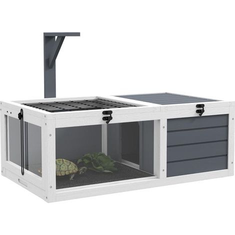 Maison pour tortues, terrarium à 2 compartiments, couvercle, plateaux en plastique, fenêtre, bois, gris Ce produit est f