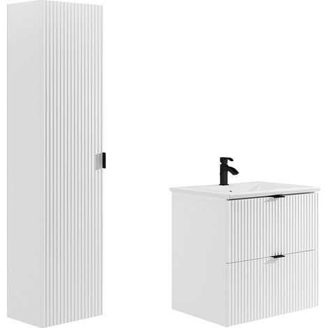 Mobile per bagno sospeso con scanalature e lavabo da incasso e colonna 60 cm Bianco opaco - ZEVINI