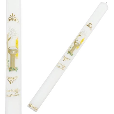 Candela da battesimo, liscia, dorata con elementi colorati (1/2)