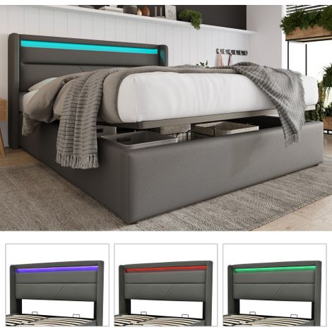 Hydraulisch Stauraumbett mit LED-Beleuchtungsleiste, Doppelbett Bettgestell Polsterbett, Funktionsbett, Grau (Mit Fernbedienung)