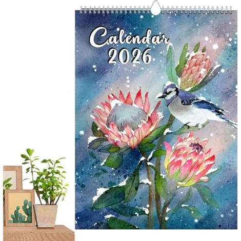 Calendrier Mural - Calendrier Mensuel 2026 - Format A4 Vertical 28,5 X 21 Cm - Illustrations Florales Et Oiseaux - Avec Cases D'Écriture - 1 Pièce (1/5)