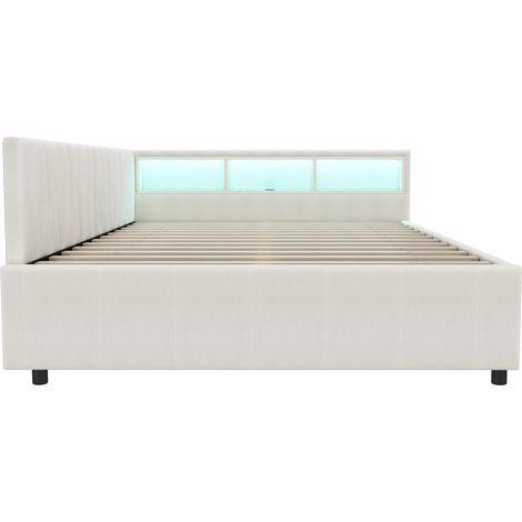 Tagesbett 140 x 200 cm aus beigem Leinen mit LED, Stauraum, USB-C, 2 Schubladen (1/5)