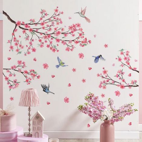 Stickers muraux Sakura Rose stickers muraux fleurs branches vigne oiseaux décoration murale chambre salon - 2 feuilles (1/5)