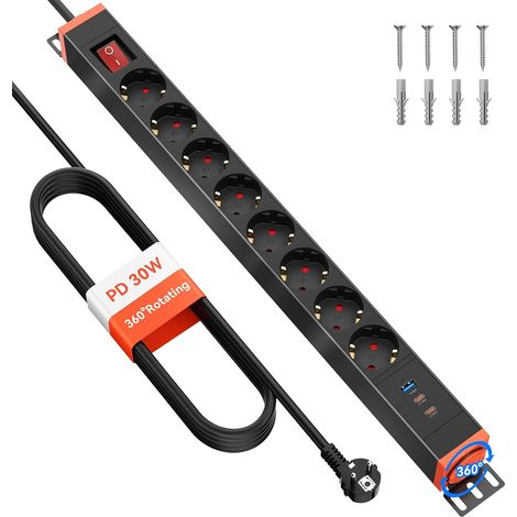 Multiprise Parafoudre 8 Prises avec USB-C 30W, Bloc 360° Rotatif pour Montage Mural avec Interrupteurs, Câble d’Extension 1,8 m, 16A/4000W, Noir (1/5)