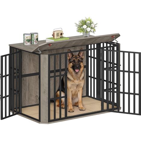 Cage pour Chien, Heavy Cage en Bois avec Porte d'alimentation Supérieure, Design Multi-Portes, Grande Table d'appoint pour Cages pour Chien,Ivoire Clair
