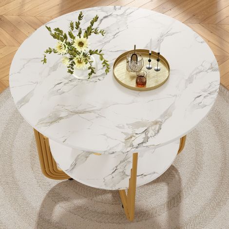 Set tavolo da pranzo rotondo 80x80x76 cm, 5 pezzi, con gambe regolabili, MDF effetto marmo, oro e grigio (1/5)