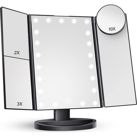 Kosmetikspiegel mit Beleuchtung, 2-, 3- und 10-facher Vergrößerung, Touch-Bedienung, dreiteilig klappbar, schwarz, 24 cm (L) x 34 cm (B), modernes Design, zur Montage am Waschtisch, Badezimmer (1/5)