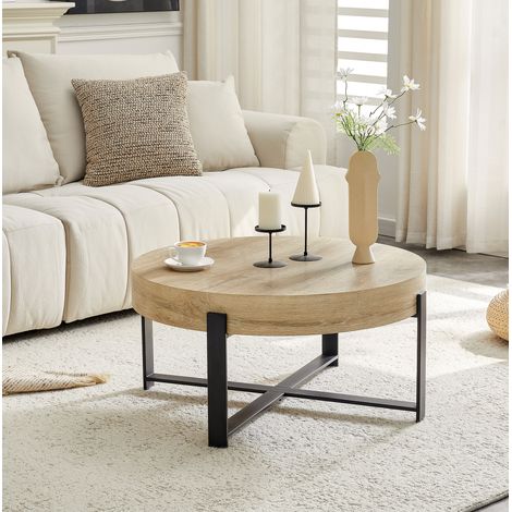 Table basse ronde Ø68 cm style industriel, plateau épais 10 cm, structure croisée stable, MDF bois et métal noir (1/5)