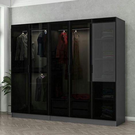 Armoire penderie 5 portes verre et cadre anthracite BYRON