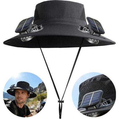 Visière solaire avec 2 ventilateurs – Chapeau à large bord respirant rechargeable USB – Ventilation par énergie solaire – Pour pêche jardinage et activités extérieures – Noir (1/5)