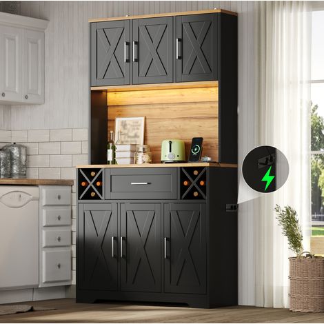 Armario de cocina 105x40x180 cm, con LED RGB, estantes para vino, enchufes integrados, MDF natural y negro (1/5)