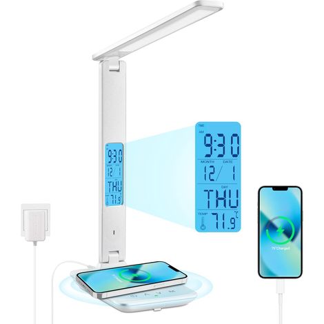 Lampe de Bureau LED avec Chargeur Sans Fil USB,Écran LCD Affichant Heure/Alarme/Température,Flexible et Réglable,Contrôle Tactile (Blanc) (1/5)