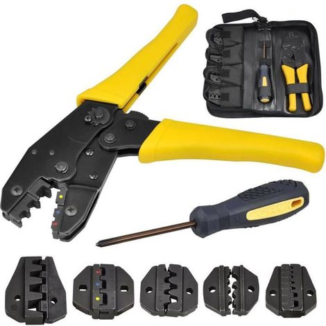 Pince à sertir 5-en-1 avec 5 inserts, tournevis et sac - pour cosses isolées/non isolées (jaune) (1/5)
