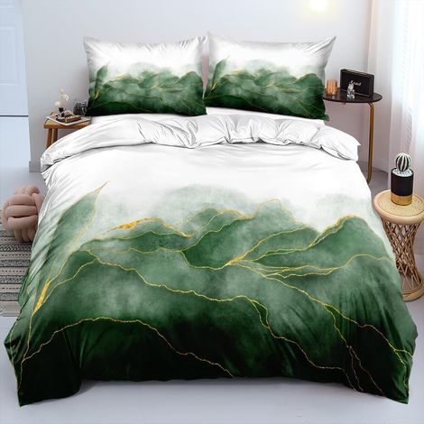 Ensemble de literie 3D 220x240cm Vert Or Blanc Motif Marbre Moderne Housse de couette en microfibre avec fermeture éclair et 2 taies d'oreiller 80x80cm (1/5)