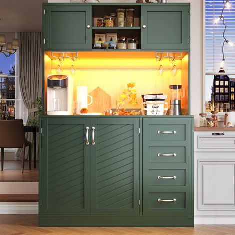 Buffet, armadio contenitore, credenza, con illuminazione LED, mensola per snack e porta bevande, 4 ante e 2 grandi cassetti - Verde - 120x40x188 cm (1/5)