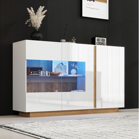 Credenza 138/38,5/90,5 cm bianca lucida con 3 ante, vetro e LED RGB (1/5)
