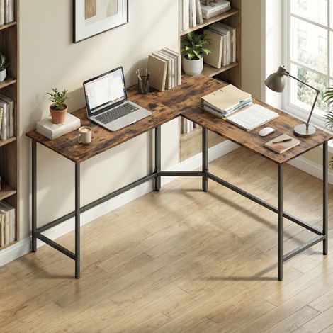 Bureau d'Ordinateur en Forme de L, Bureau d'Angle, Marron et Noir (1/5)