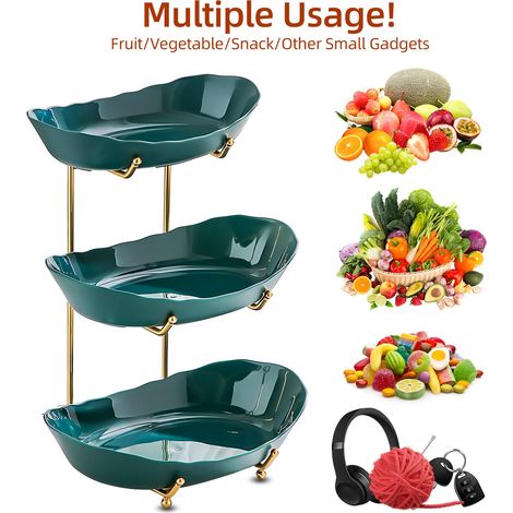 Obstschale für die Küchentheke, 3-stöckiger Acrylkorb mit Servierschalen und Metallständer, mehrstöckige Aufbewahrung für Gemüse, Snacks/Nüsse, Kuchen, Desserts, perfekt für ein Buffet bei einer Hochz (1/5)