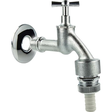 tecuro Auslaufventil 1/2 Zoll, Knebeloberteil, Rohrbelüfter DVGW, Schlauchtülle, Wandrosette, Dichtband - MS mattverchromt