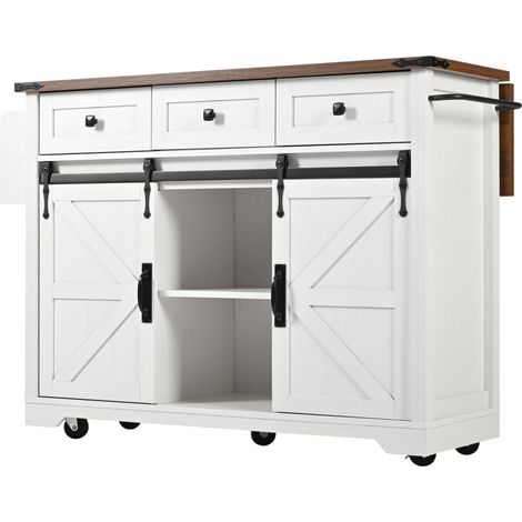 Isola da cucina su ruote con piano di lavoro ribaltabile, 2 ante scorrevoli e 3 cassetti (1/5)