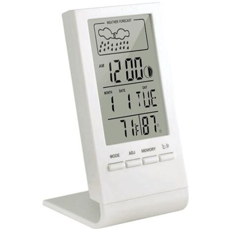 Station météo sans fil, thermomètre intérieur/extérieur, hygromètre, baromètre, réveil numérique avec capteur extérieur, affiche l'heure, la date, le jour de la semaine et la phase de la lune (blanc). (1/4)