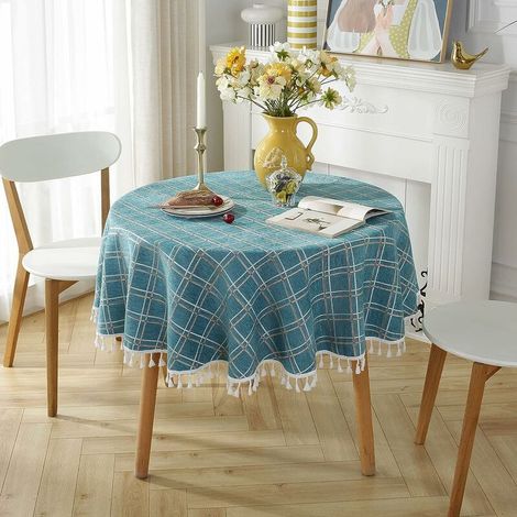 Nappe Ronde - Coton Lin - 140x140 cm - Anti-taches - À Franges - Lavable En Machine - Pour Table Intérieure Et Extérieure (1/5)