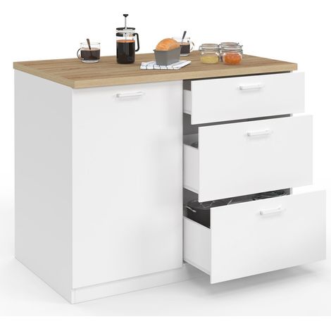 Ilot central TIBO 110 cm casserolier 3 tiroirs bois blanc avec plan de travail façon hêtre (1/5)