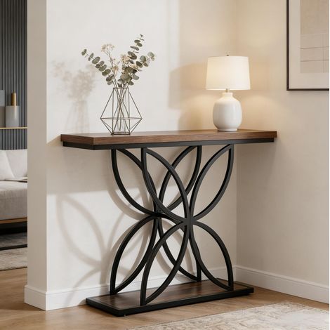 Console industrielle en MDF et métal noir et brun, 120 x 30 x 83 cm, REDOM (1/5)