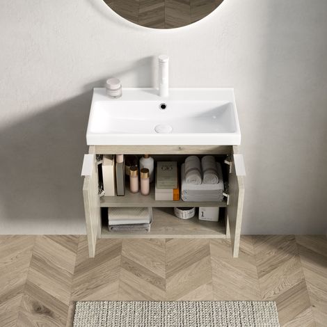 Mueble de baño suspendido con lavabo de cerámica blanca armario de doble puerta y estantes abiertos color crema roble (1/5)