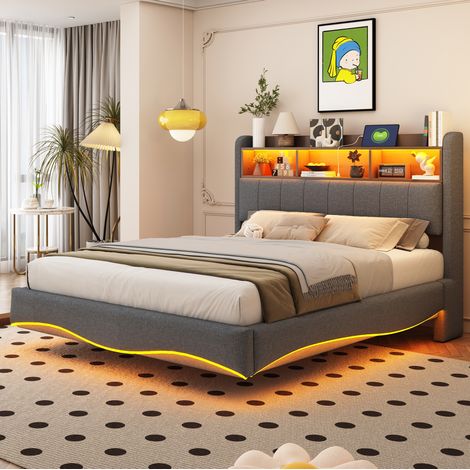 Cama 140x200 cm LED con puertos USB y USB-C, gris, paneles de madera, sin colchón FloraGrace (1/5)