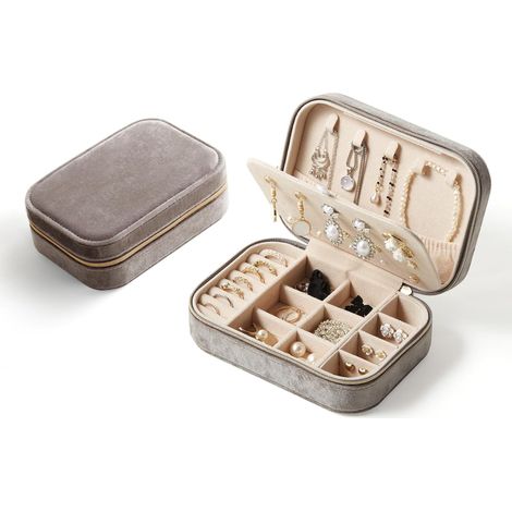 Reise-Schmuckkästchen aus Plüschsamt, tragbare Aufbewahrungs- und Präsentationsbox für Halsketten, Ohrringe und Armbänder für Damen und Mädchen (Grau) (1/5)