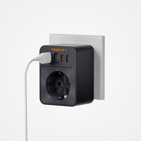 Multiprise avec USB C 30W, Chargeur Murale Prise avec 4 USB, Noir Adaptateur pour Prise, Chargeur d'alimentation, Pour Téléphone et Appareils Électroménagers (1/5)
