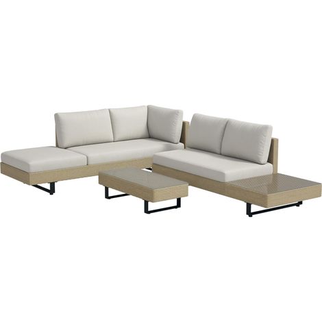 Salon de jardin d'angle 5 places design contemporain coussins déhoussables table basse acier époxy résine tressée beige