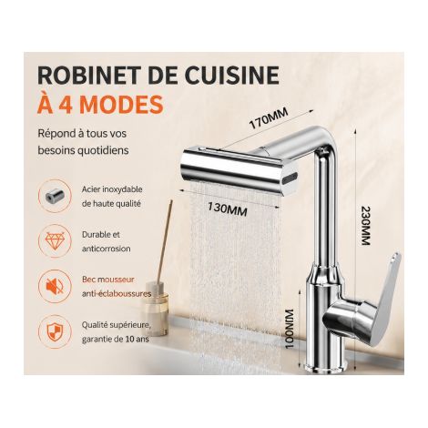 Robinet de Lavabo 4 Modes, Robinet Salle de Bain Moderne, Rotatif 360°, Finition Chrome, Eau Chaude/Froide, pour Vasque et Évier (1/3)