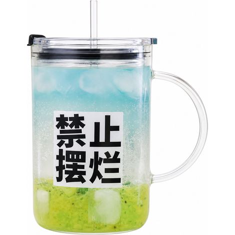 Verre à eau motif dynamisme avec couvercle et paille en verre
