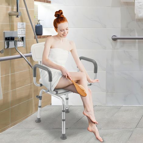 Jiubiaz Silla de ducha giratoria 360°, regulable en altura en 4 niveles, con respaldo y reposabrazos, estructura de aluminio, patas antideslizantes, gris-blanco (1/5)