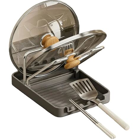 Support pour couvercle de casserole, support de cuisine avec bac récupérateur de graisse, repose-cuillère, porte-couvercle pour planche à découper et spatule (1/5)