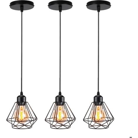 3pcs Suspension Luminaire Vintage 16cm Lustre Industriel en Métal E27 Éclairage de Plafond Design Cage Abat-jour Rétro,Noir (1/5)
