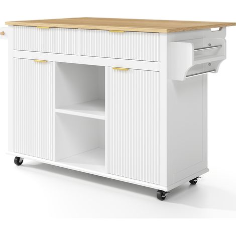 Kücheninsel auf Rollen aus MDF in Weiß/Natur mit Klappplatte, 2 Schubladen und 2 Türen (1/5)
